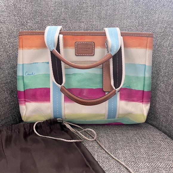 Vintage 2000 Coach bag purse spring color strip cloth w dust bag - Picture 2 of 12